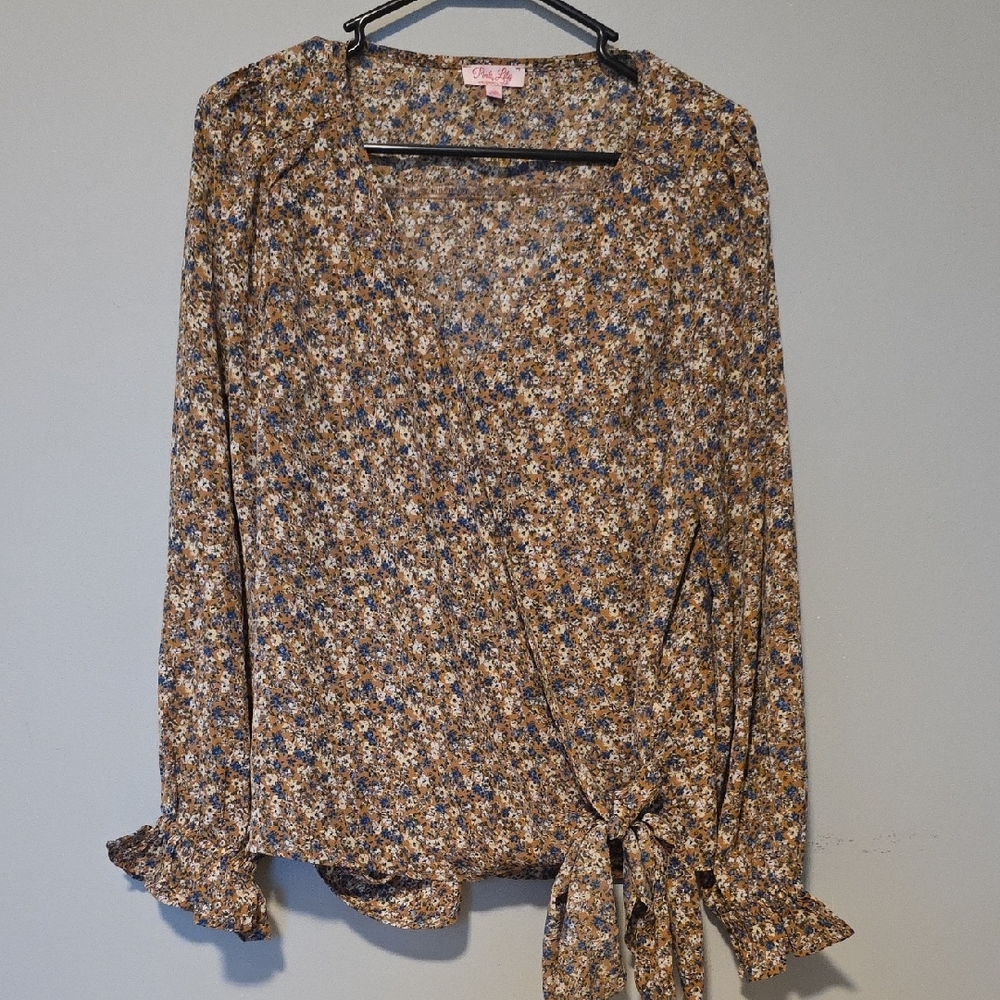 NWOT Pink Lily Floral Wrap Blouse